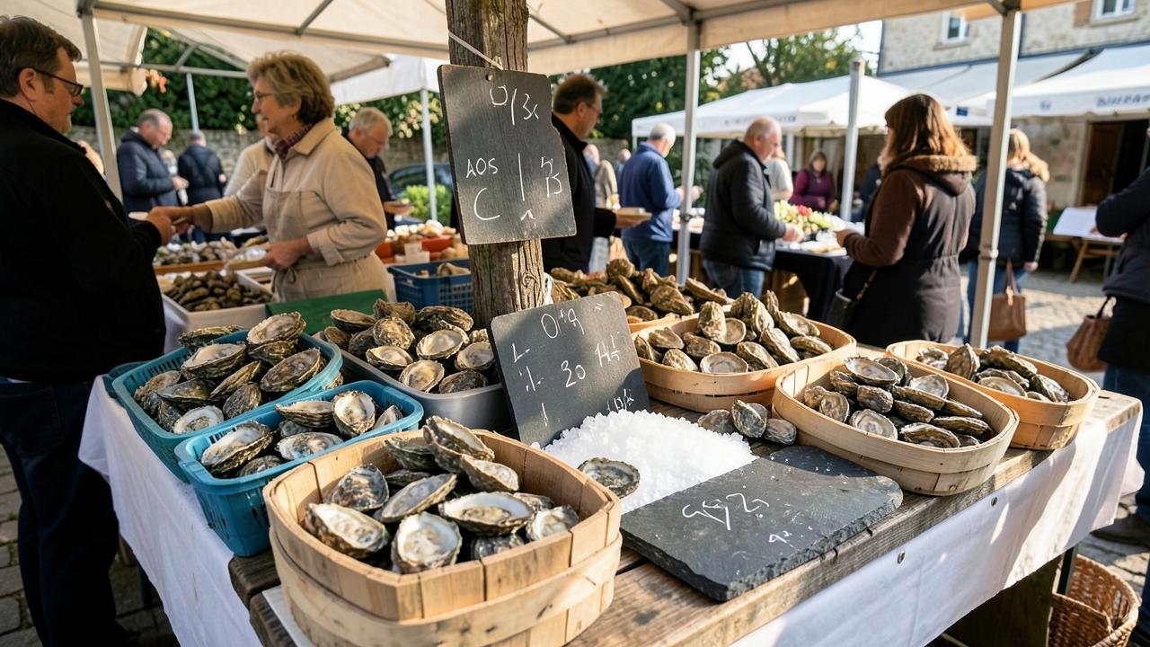 Stand du producteur sur le marché : bourriches d'huîtres et cageots de coquillages
